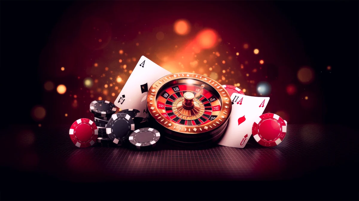 Roleta, fichas e cartas do casino Winkey